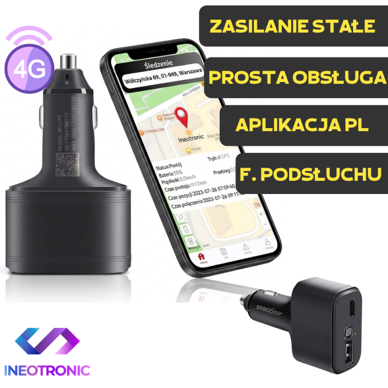 Lokalizator GPS Ładowarka Samochodowa MV77G 4G + Funkcja Podsłuchu