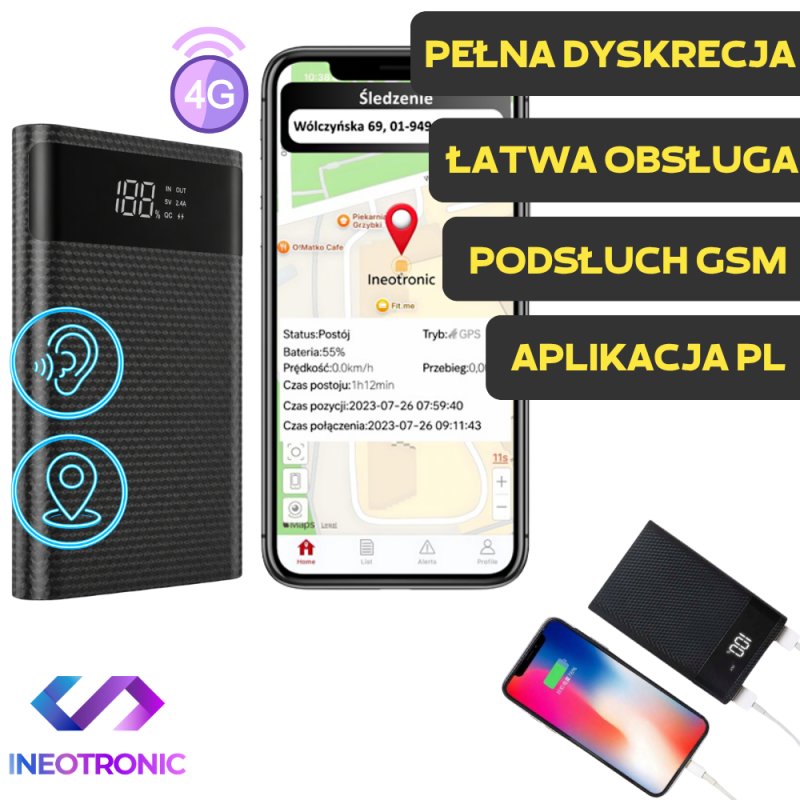 Powerbank GPS z Podsłuchem na żywo KA4 4G (Aplikacja PL)