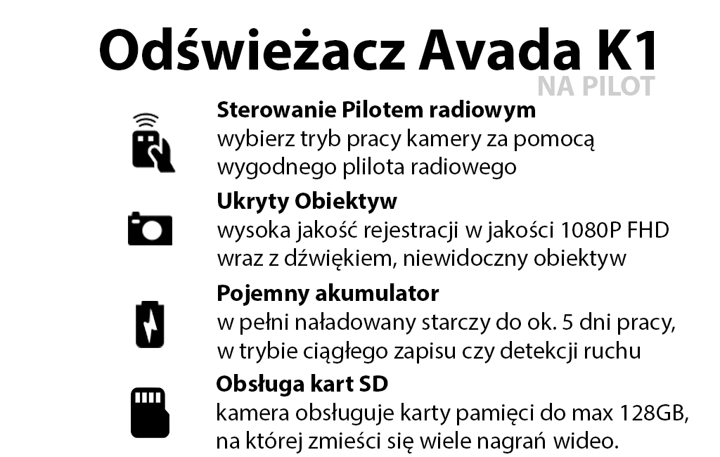 Kamera w odświeżaczu powietrza Avada K1 : 5 DNI Pracy