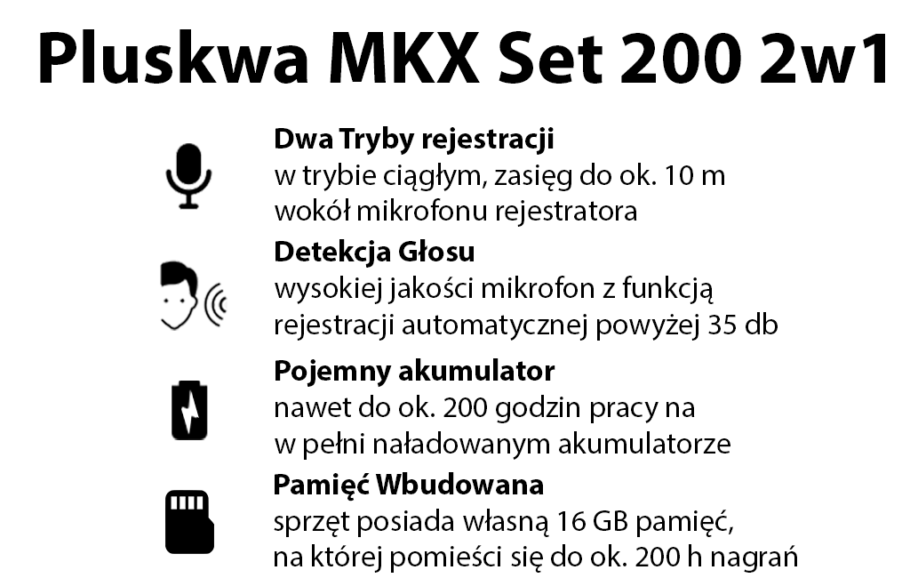 Profesjonalny dyktafon pluskwa MKX SET200 2W1 16GB - Detekcja Głosu i Zapis Ciągły (Blokada Odczytu danych)