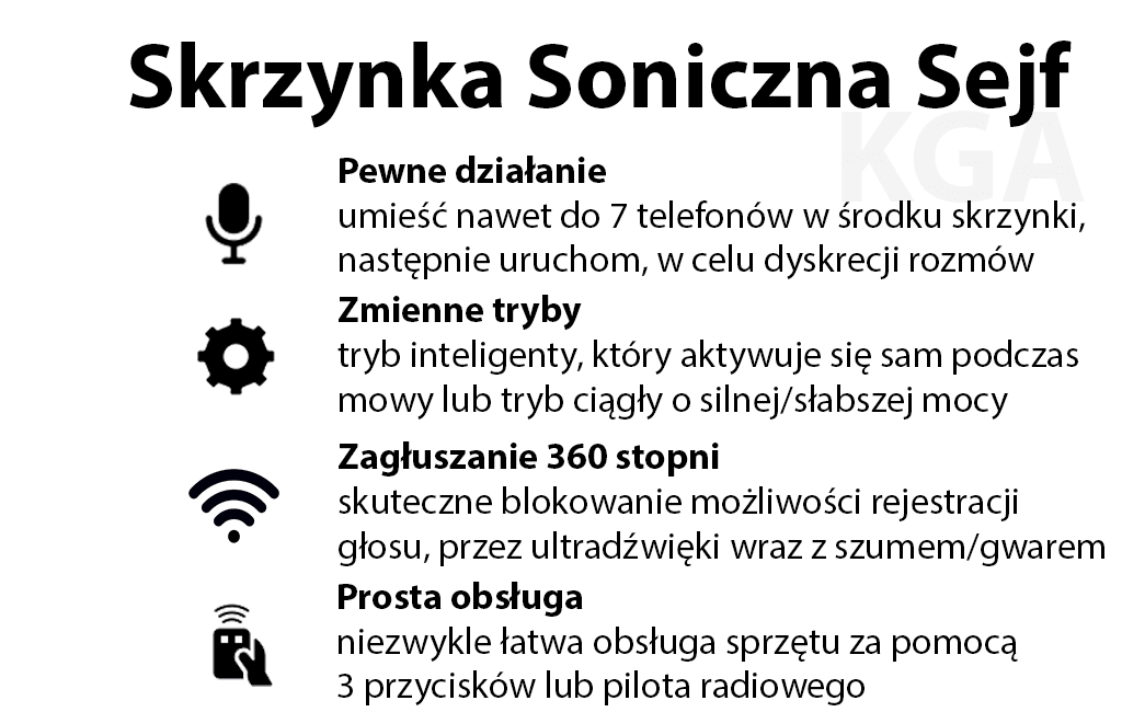 Profesjonalny Sejf Skrzynka Ultra soniczna KGA, Szkatułka blokująca nagrywanie i nasłuch GSM
