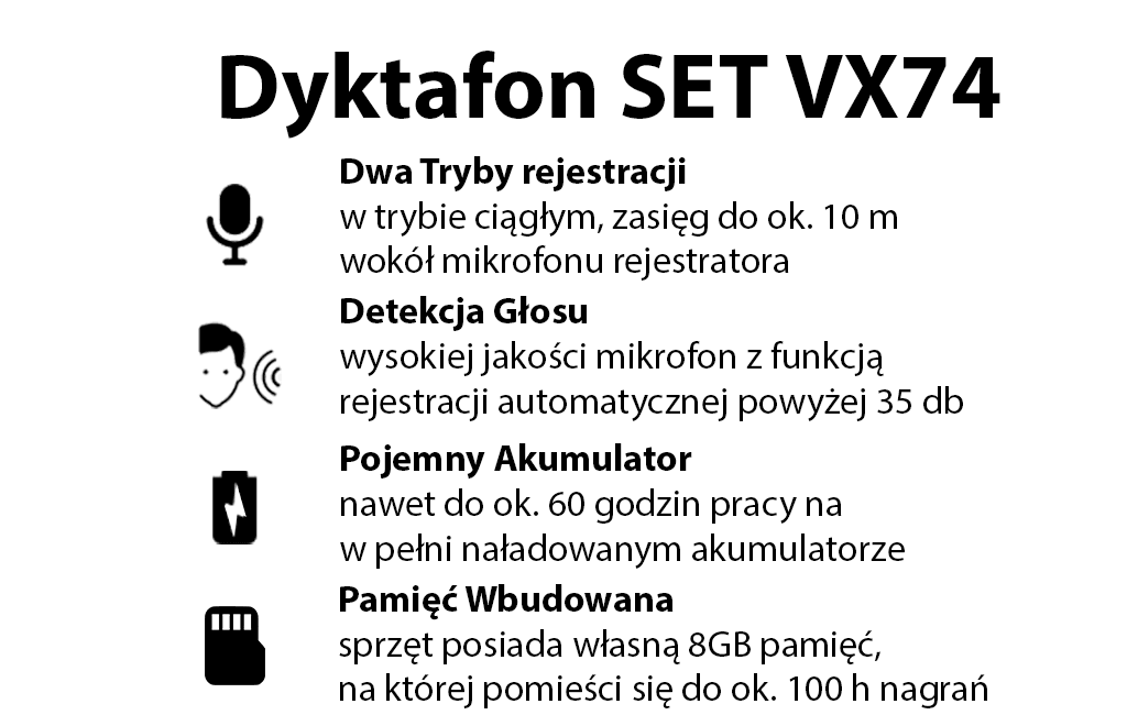 Dyktafon pendrive SET VX-74 8GB + VOS 2w1 OTG (60 godzin pracy)