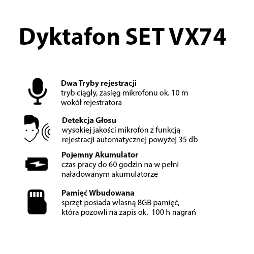 Dyktafon pendrive SET VX-74 8GB + VOS 2w1 OTG (60 godzin pracy)