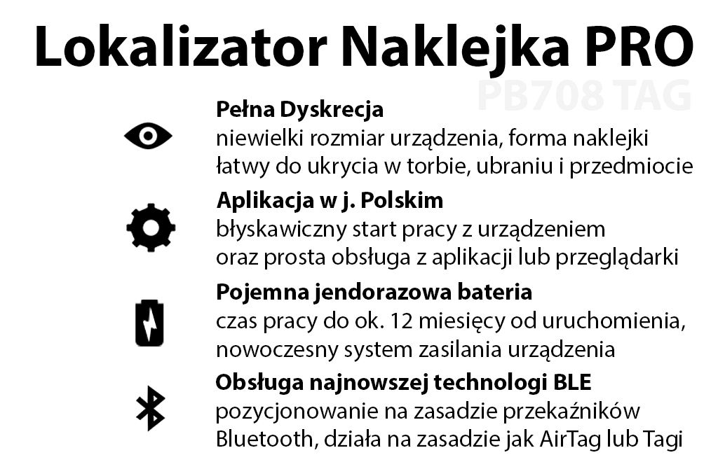 Lokalizator Naklejka PB708 PRO Typu TAG Bluetooth (Pełna Dyskrecja - Wersja 10 minut)