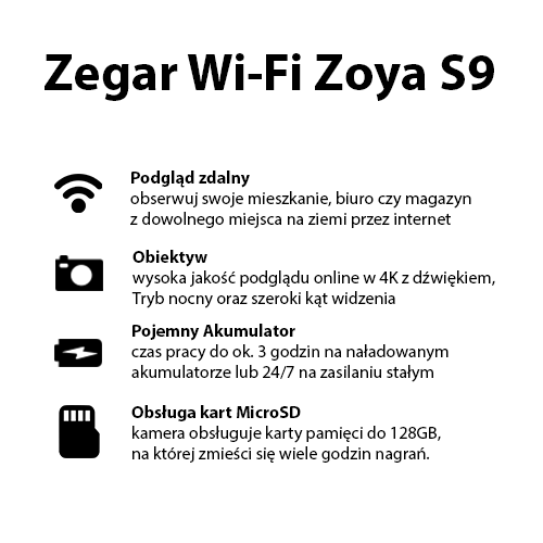 Zegar Budzik Kamera WI-FI Zoya S9 Tryb Nocny (Podgląd Online)
