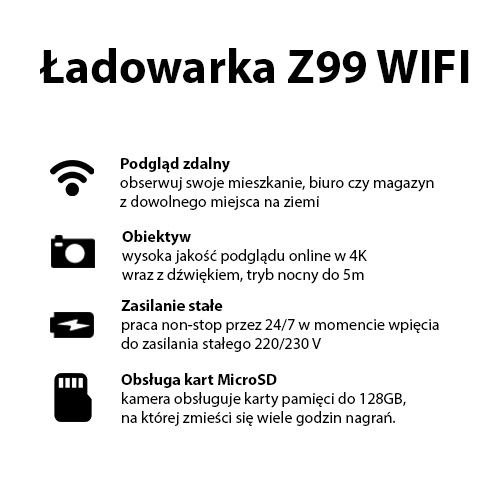 Ładowarka Kamera Wi-Fi Z99 4K z IR (Podgląd Zdalny)