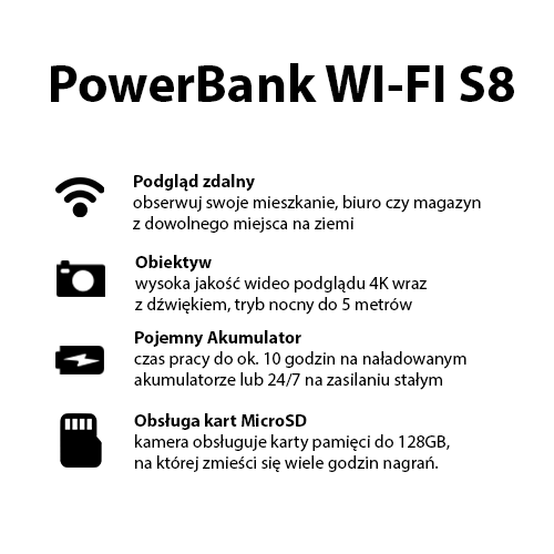 Powerbank Kamera Wi-Fi S8 4K (Podgląd Zdalny)