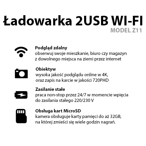 Ładowarka Kamera Wi-Fi MKA11 4K 2xUSB (Podgląd Zdalny)