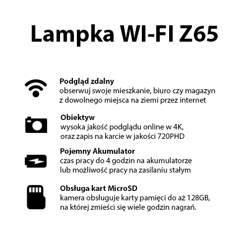 LAMPKA KAMERA WI-FI Z65 + GŁOŚNIK BLUETOOTH (PODGLĄD ONLINE)