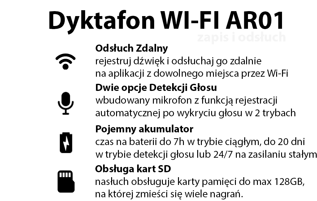 Mini dyktafon Wi-Fi AR01 z kartą microSD