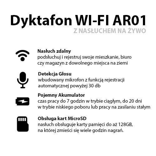 Dyktafon Podsłuch Zdalny Online Wi-Fi AR01 (Zapis i Odsłuch)