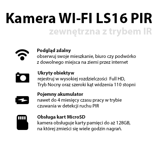 Zewnętrzna kamera Wi-FI LS16 z czujnikiem PIR i trybem nocnym 2w1