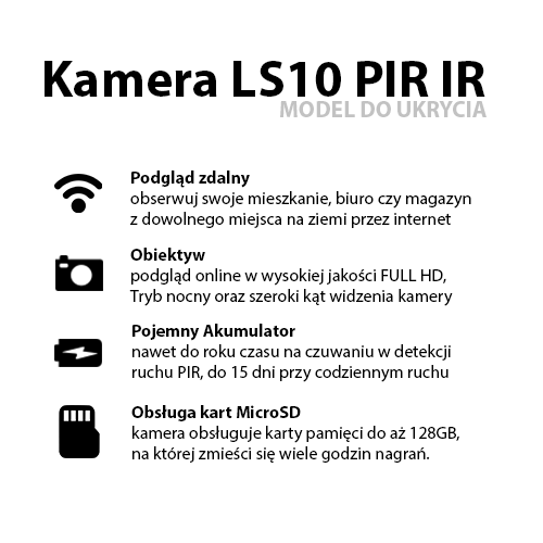 Kamera do ukrycia LS10 Wi-Fi FHD PIR z trybem nocnym (Do 6 MSC pracy)