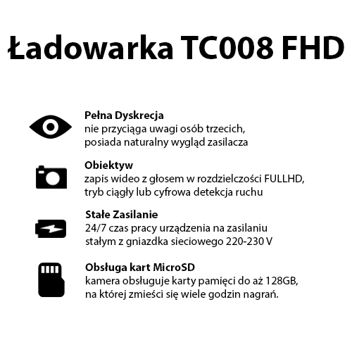 Ładowarka zasilacz ukryta kamera Full HD TC008 (Detekcja Ruchu)