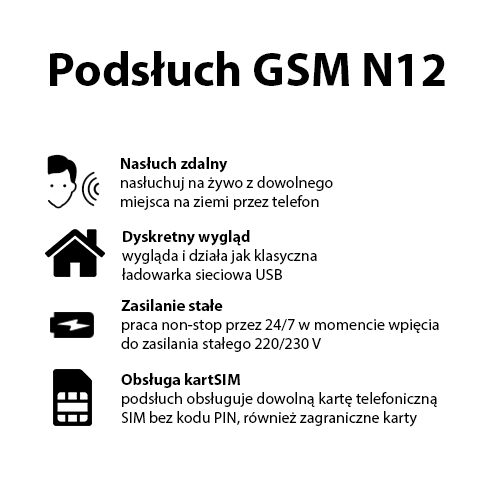 Ładowarka z Podsłuchem GSM N12 (Nasłuch Na Żywo)