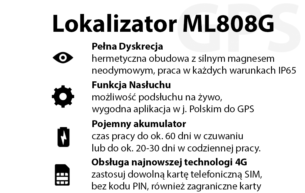 Lokalizator GPS ML808G Nowej Generacji 4G z Podsłuchem na żywo (Hermetyczny)