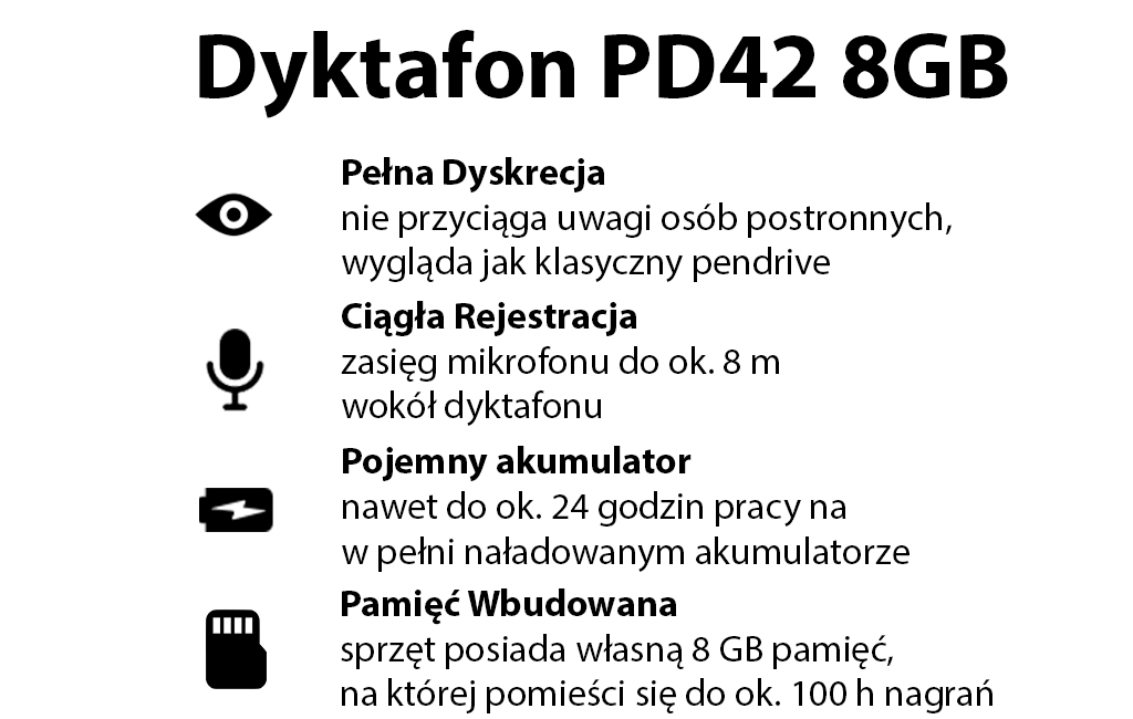 Dyktafon pendrive PD42 8GB (do 24h pracy)