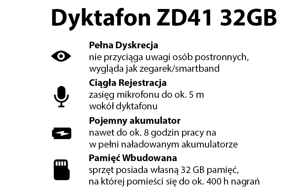 Dyktafon Zegarek Smartband ZD41 32GB (do 8h pracy)