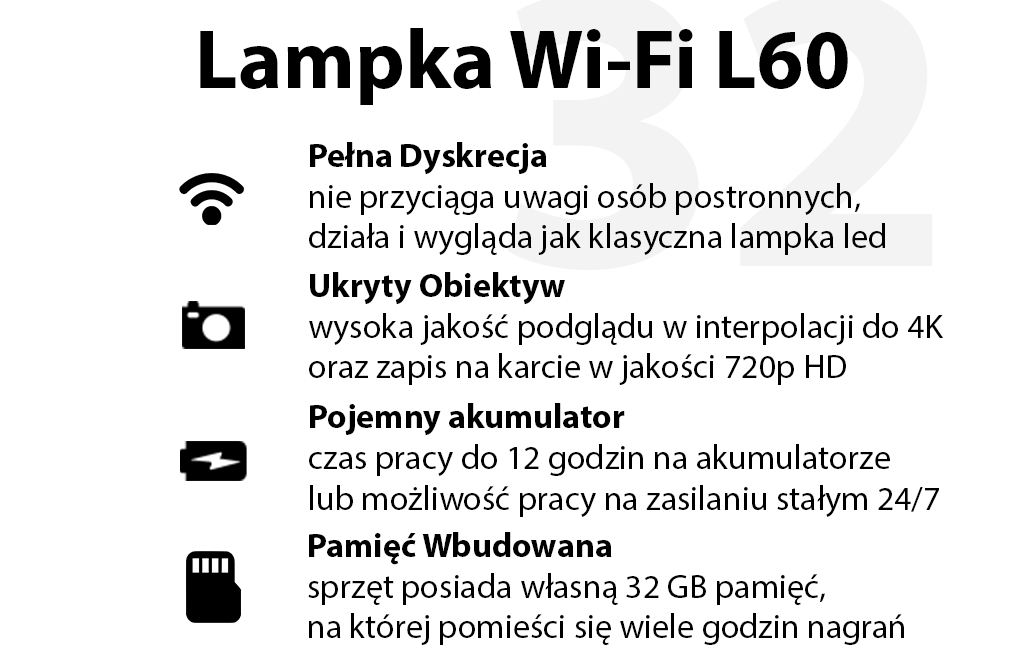 Kamera Lampka L60 Wi-Fi 32GB (Podgląd Zdalny)