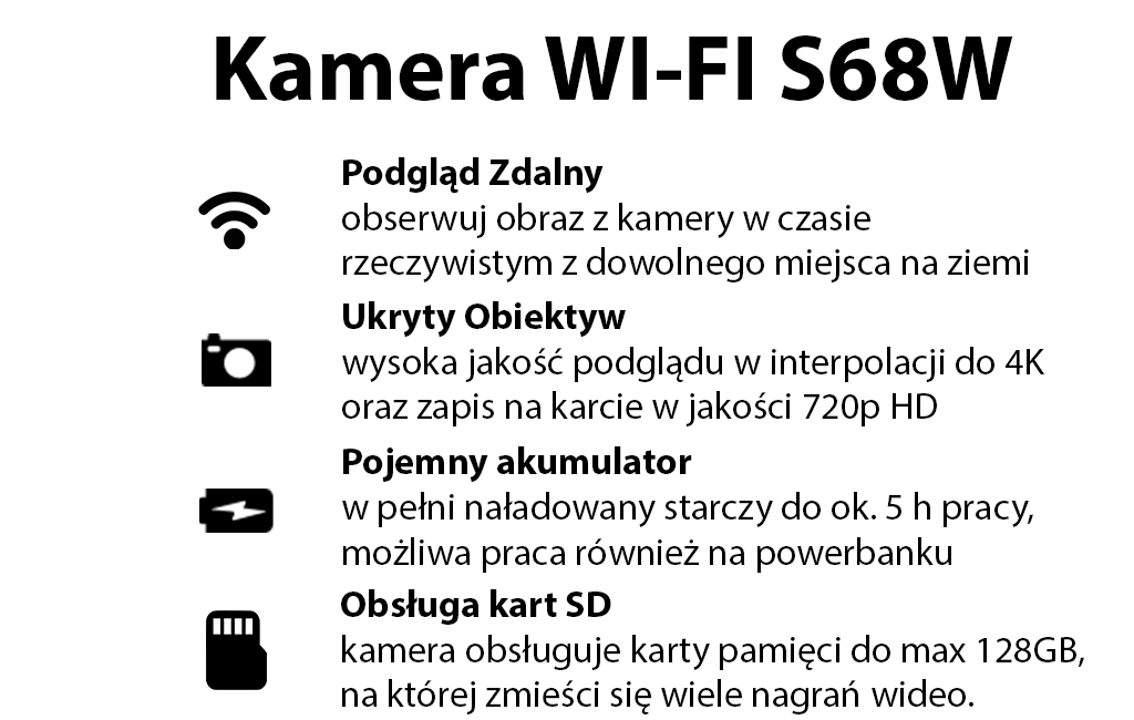 Kamera do ukrycia S68W Wi-Fi FULL HD (Podgląd Na żywo)