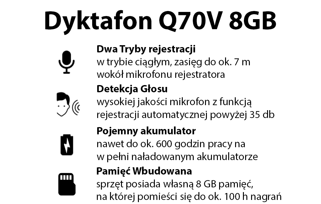DYKTAFON Q70V 2W1 8GB 600H DETEKCJA GŁOSU (OK. 25 DNI)
