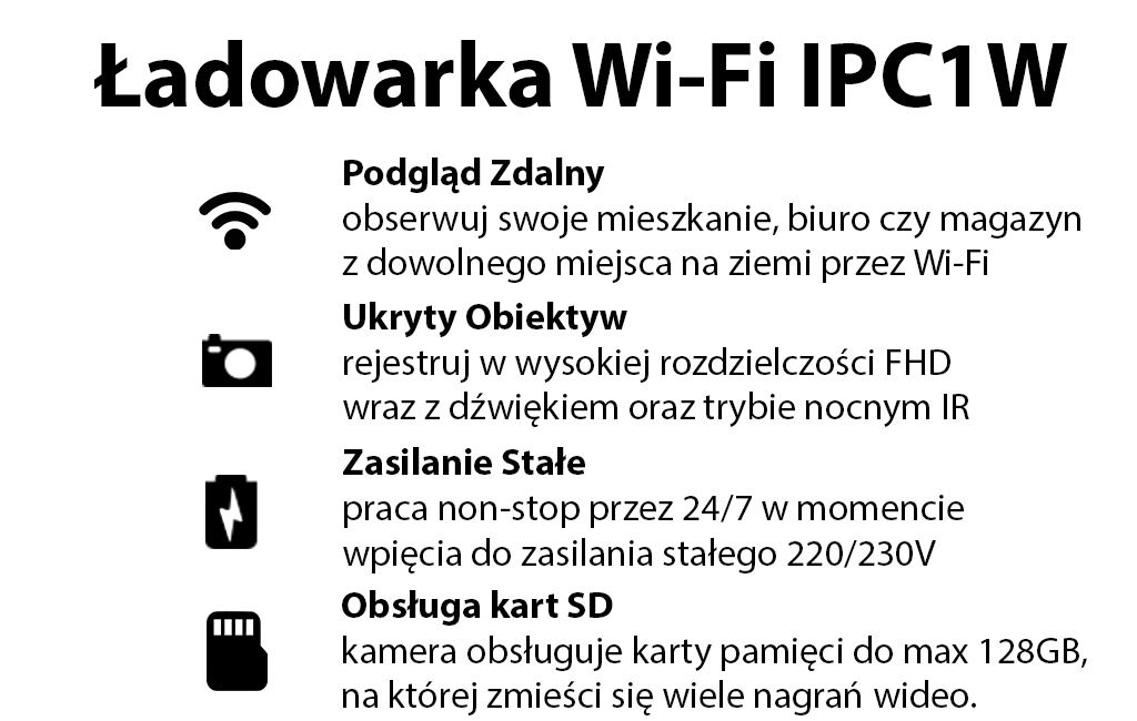 Ładowarka Kamera Wi-Fi IPC1W IR (Podgląd Zdalny)
