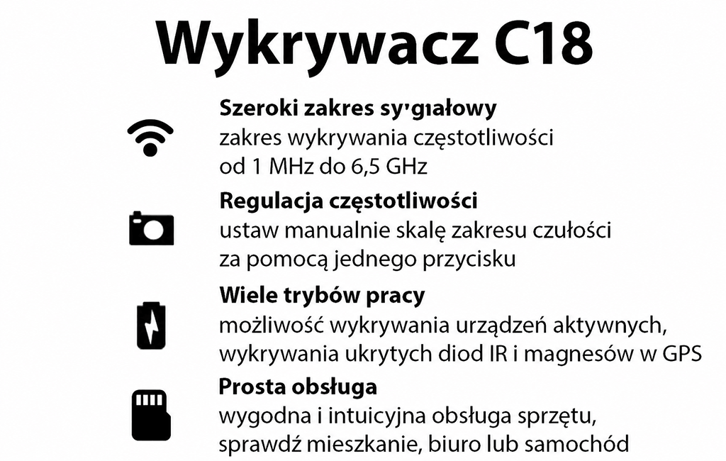 Wykrywacz Kamer, GPS, Podsłuchów C18 (pluskwy GSM, GPS, WI-FI, RF, IR, Magnesy)