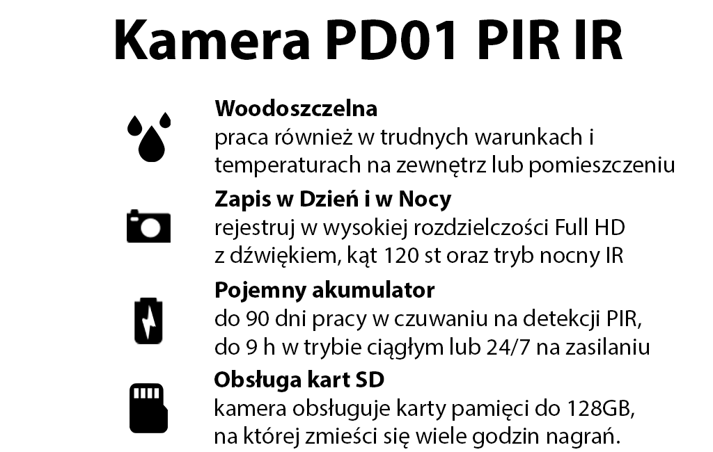 Zewnętrzna Mini Kamera PD01 FHD PIR z IR (Do 30 dni pracy)