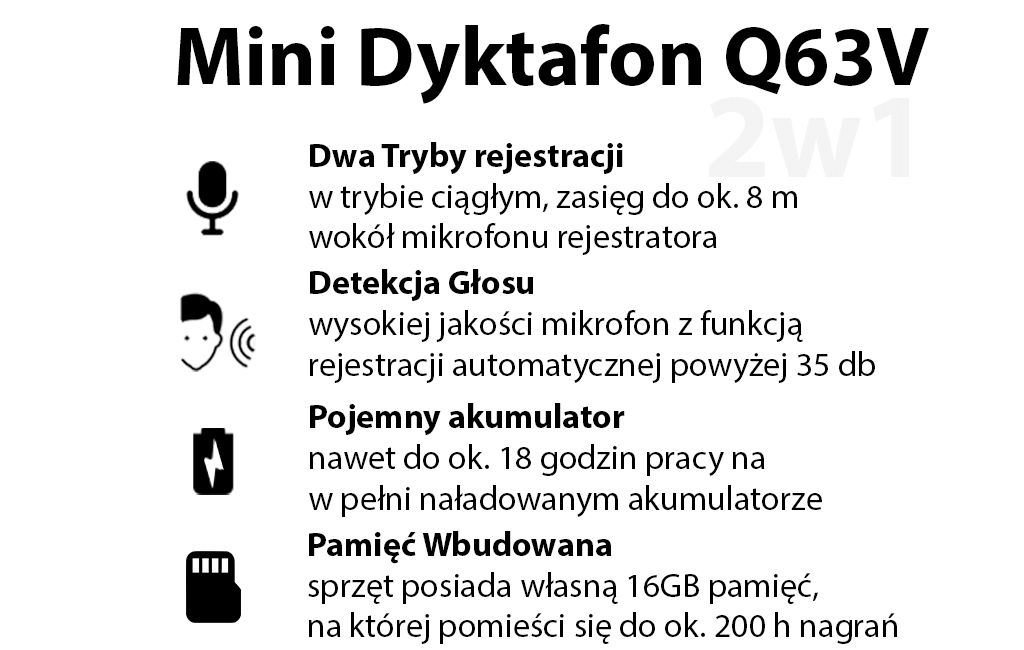 Mini Dyktafon Q63V 2w1 + Detekcja Głosu VOS