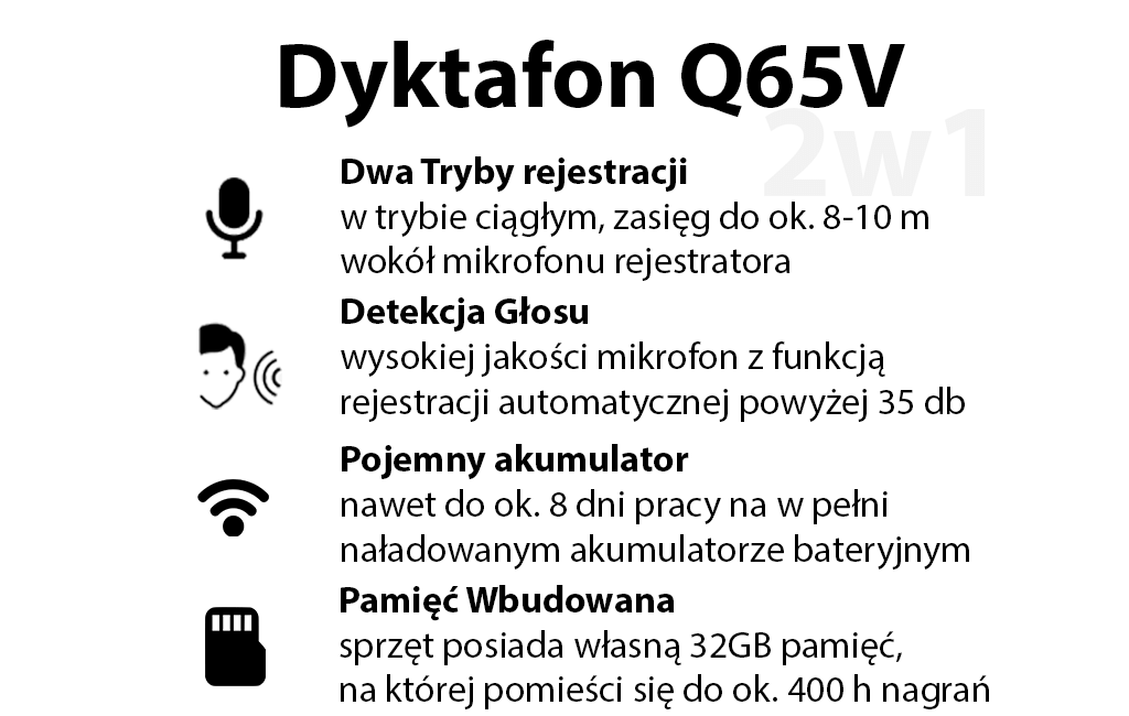 Mały Dyktafon Q65V 2w1 32GB (Detekcja Głosu)