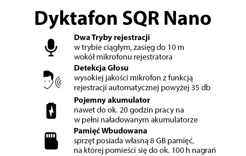 Dyktafon cyfrowy SQR NANO 8GB 2w1+ Detekcja Głosu VOS (Blokada Odczytu)