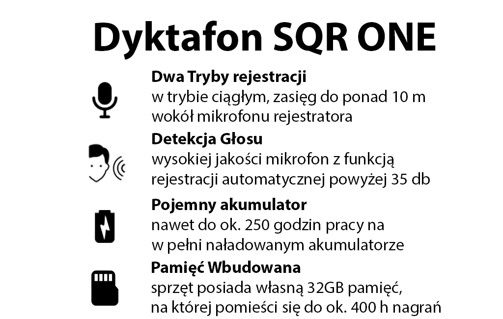 Dyktafon cyfrowy SQR ONE 32GB 2w1+ Detekcja Głosu VOS (Blokada Odczytu / Magnes)