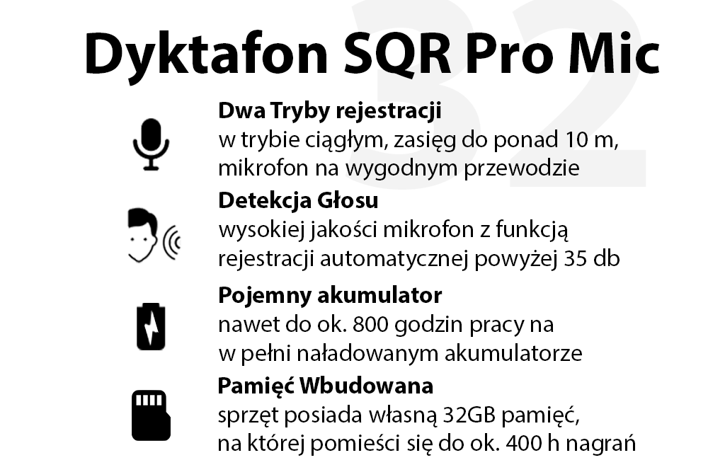 Dyktafon cyfrowy SQR Pro MIC 32GB 2w1+ Detekcja Głosu VOS (Blokada Odczytu / Magnes / Zew. Mikrofon)