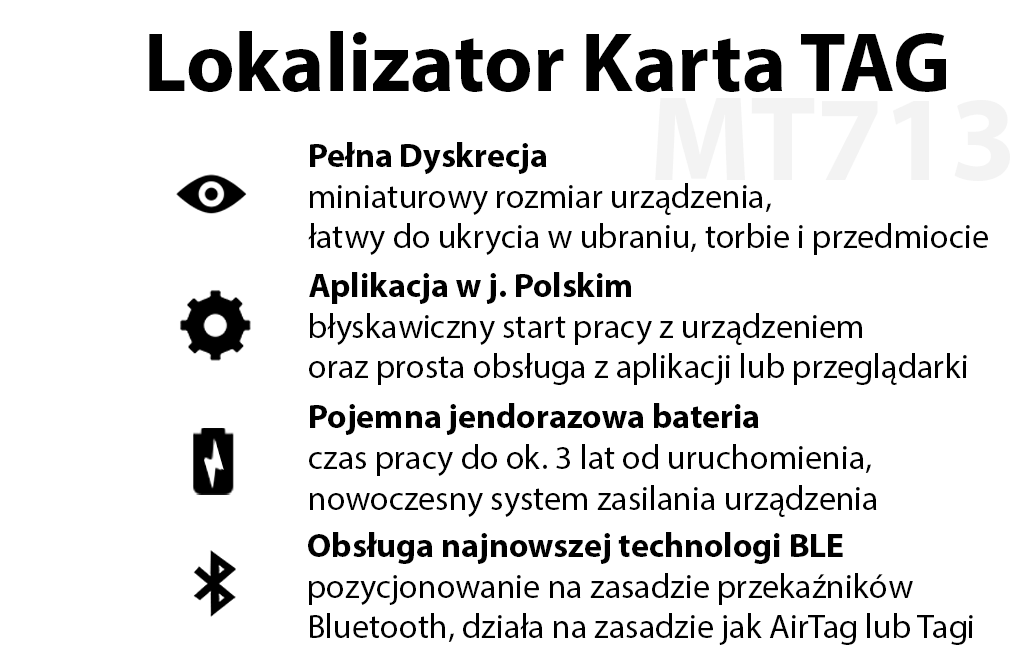 Lokalizator Karta MT713 Typu TAG Bluetooth (Pełna Dyskrecja - do 3 lat pracy)