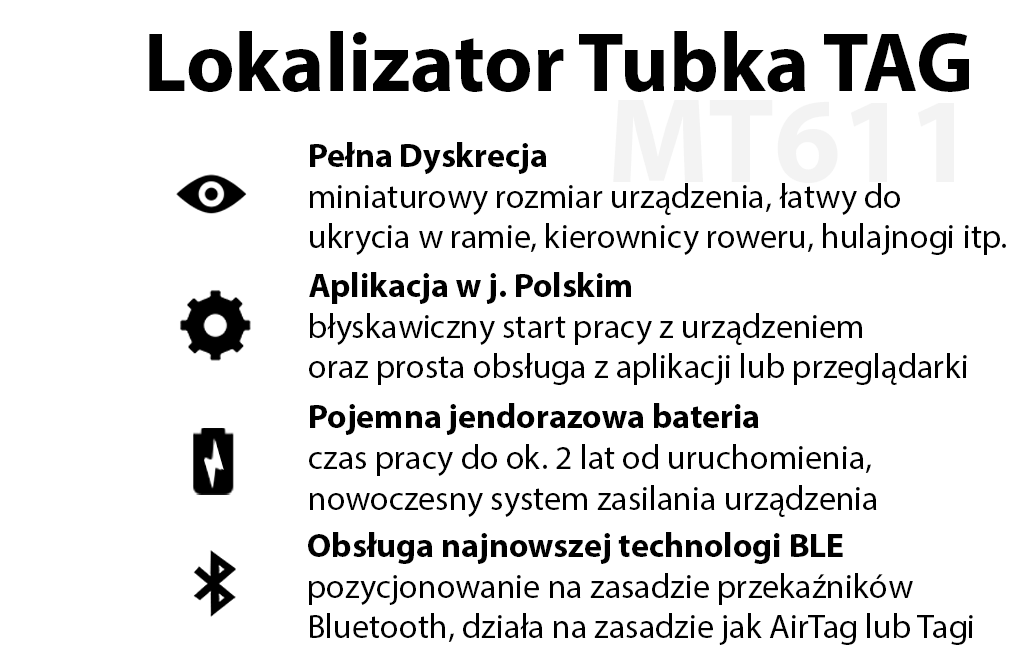 Lokalizator Tubka MT611 Typu TAG Bluetooth do zabezpieczenia roweru, hulajnogi (Pełna Dyskrecja - do 2 lat pracy)