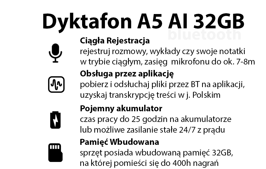 Dyktafon A5 AI 32GB (Aplikacja Bluetooth i Transkrypcja)