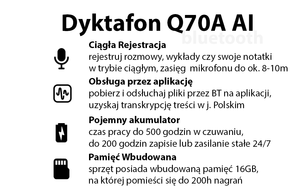 Dyktafon Q70A 16GB AI (Aplikacja Bluetooth i Transkrypcja)