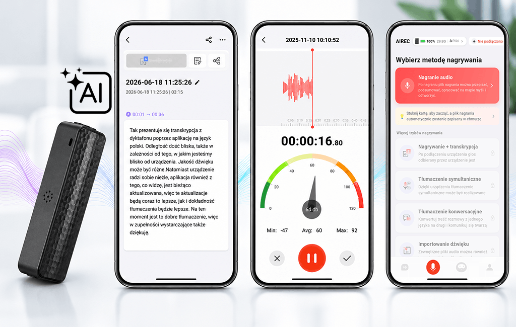 Dyktafon Q70A 16GB AI (Aplikacja Bluetooth i Transkrypcja)