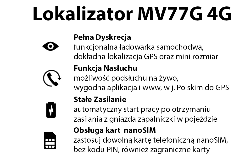 Lokalizator GPS Ładowarka Samochodowa MV77G 4G + Funkcja Podsłuchu