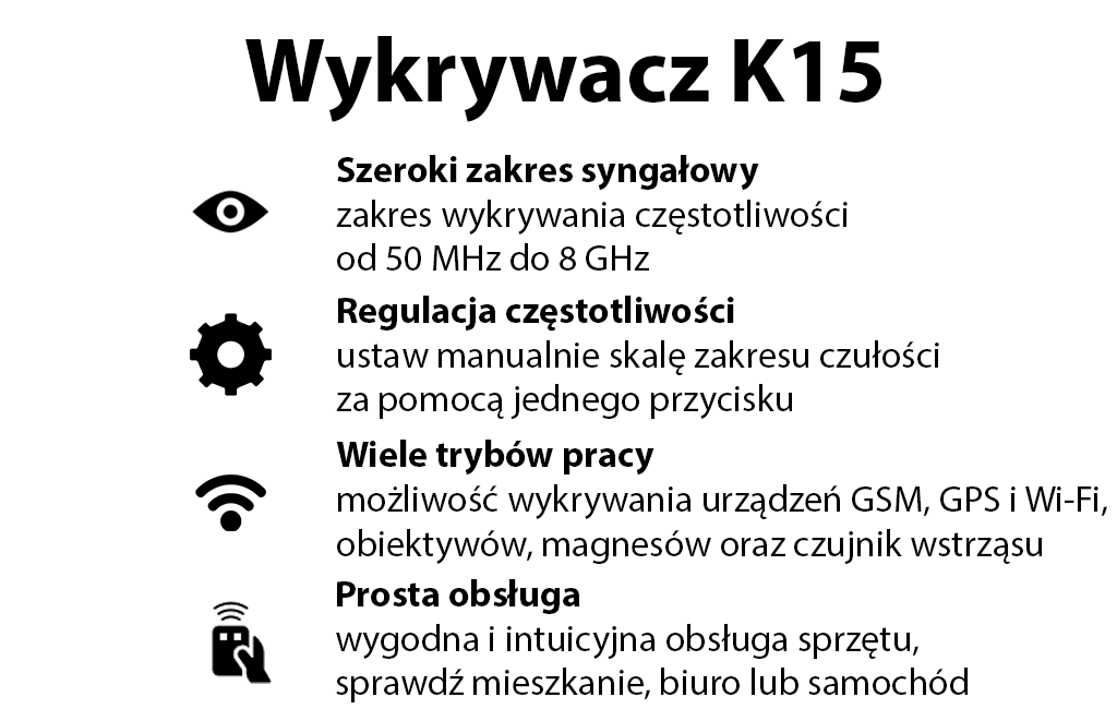 Wykrywacz Podsłuchów, GPS, Kamer K15 (pluskwy GSM, GPS, WI-FI, RF, IR, Magnesy)