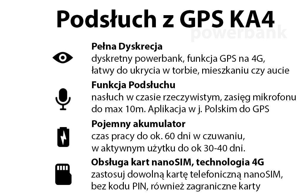 Powerbank GPS z Podsłuchem na żywo KA4 4G (Aplikacja PL)